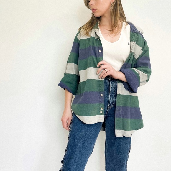 Vintage Tops - VINTAGE Horizontal Striped 100% Cotton Flannel Shacket Style Button Down Top